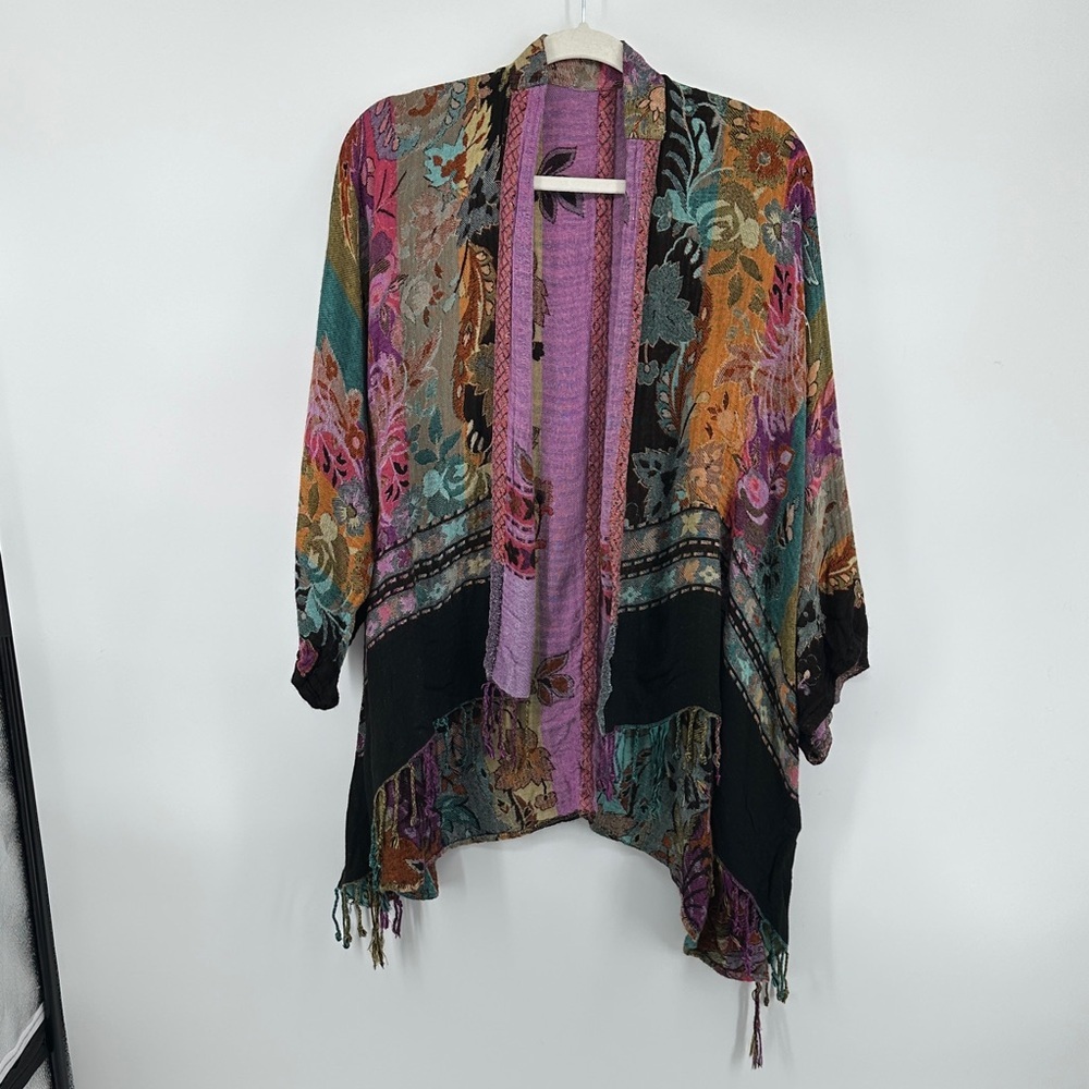Boho Hippie Maximalist Artsy Festival Colorful Floral Open Front Kimono SzOS